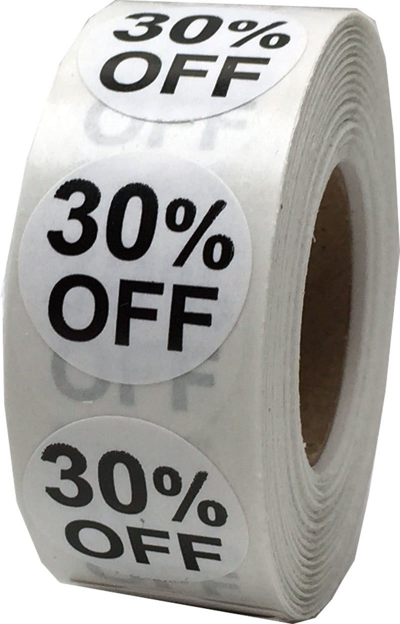 InStockLabels 30% White Stickers for Retail, 500 Labels per Roll, 3/4" Round â€“ Stickers for Promotion & Inventory Event, Easy Peel Tags, Semi-Gloss Adhesive, Apparel-Safe, Residue-Free